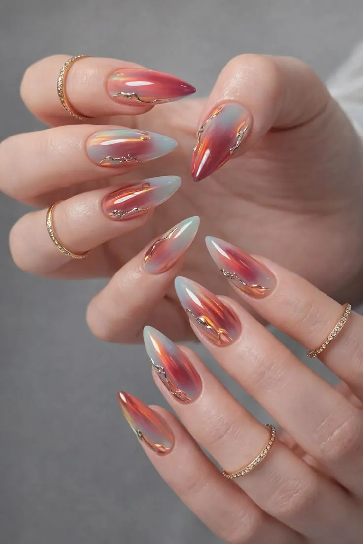 Coral aura chrome almond gel nails with gold foil accents — nail art South Austin 78745 at Le Posh Nail Bar