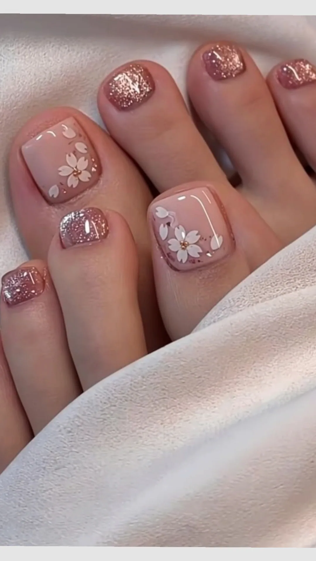 Cherry blossom pedicure with rose-gold glitter accents — pedicure South Austin 78745 Le Posh